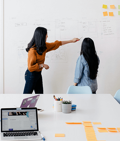 Two people pointing on a whiteboard