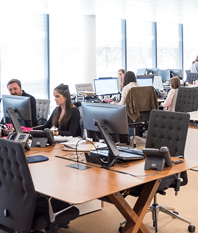 Team members sitting at their desks working on their computers